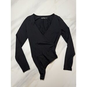 Abercrombie & Fitch Soft AF Women's XS Wrap V-Neck Long Sleeve Bodysuit Black